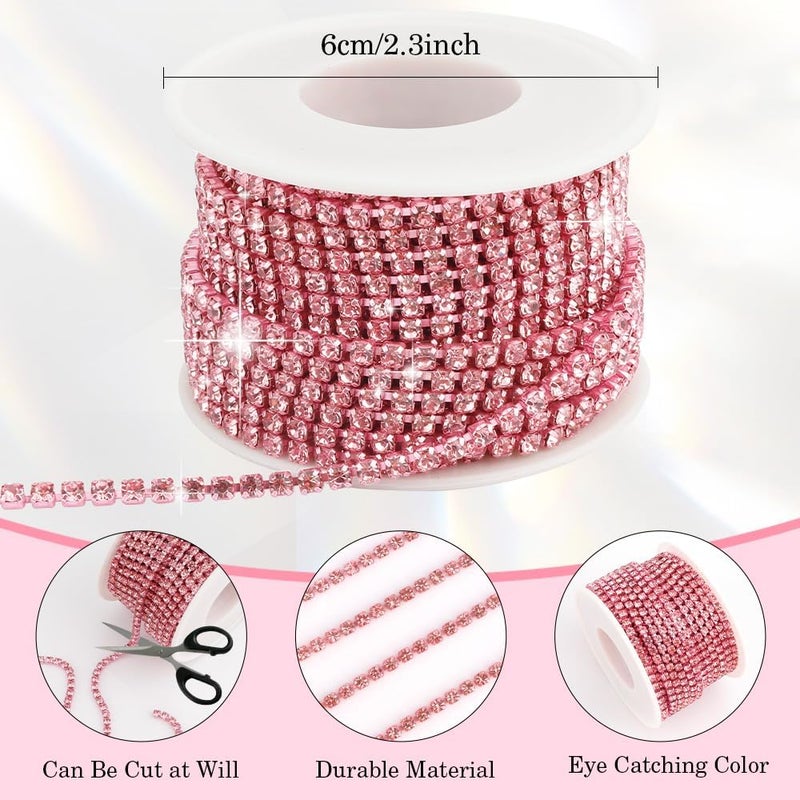 Liwidon Rhinestone Chain 10 Yards Rhinestone Trim Pink Bling Diamond Rhinestones Strips 3mm Glitter Bling Crystal Rhinestones Close Chains Claw Cup Chains Trim for Sewing DIY Crafting Jewelry Clothes - Image 3